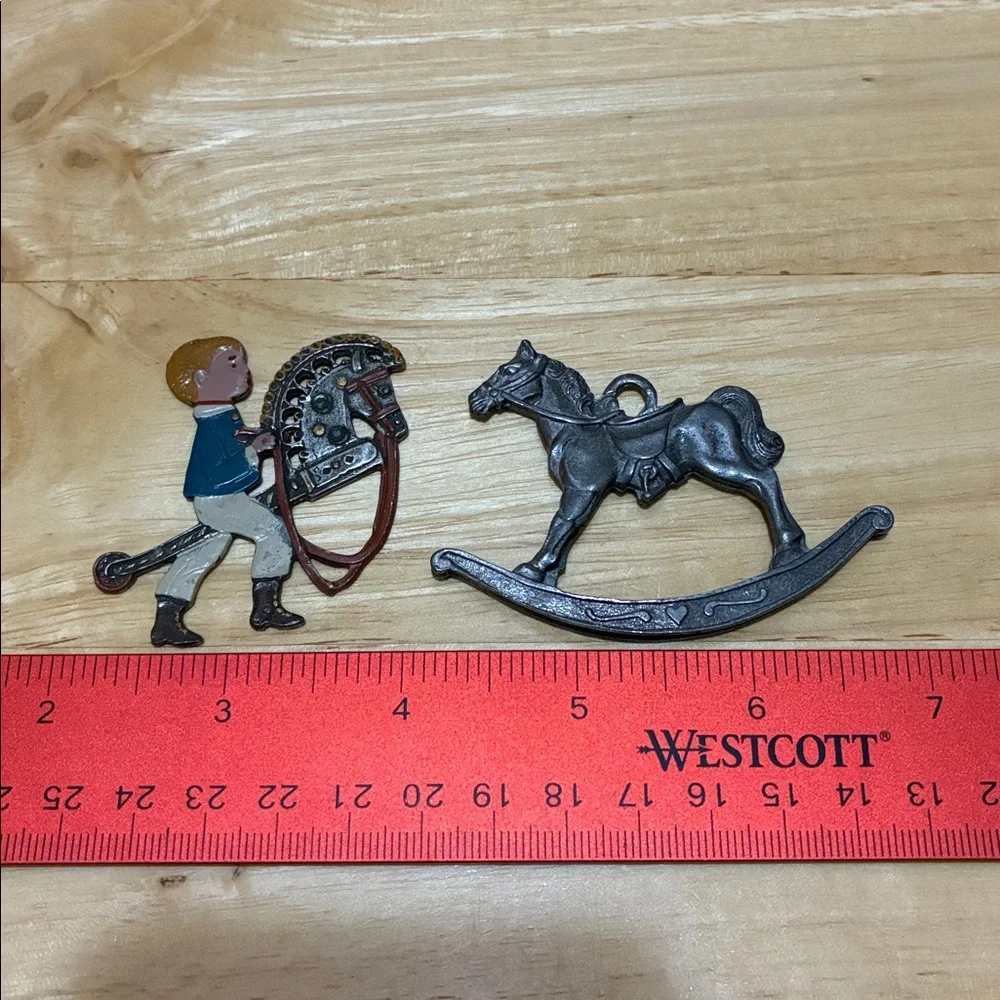 Vintage metal toy horse ornaments.  Rocking horse and stick horse